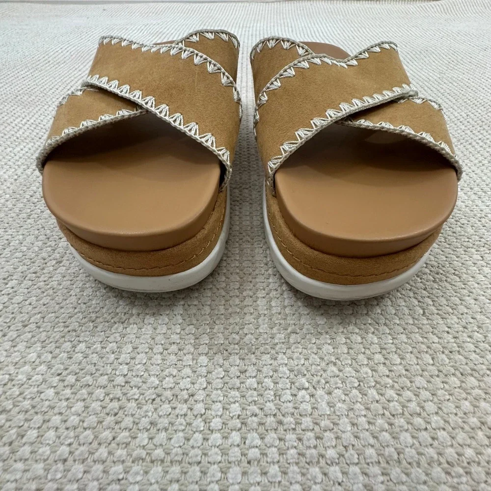 J/Slides‎ NYC Womens 10M Tan Whipstitch Crisscross Platform Slide Sandals Camel